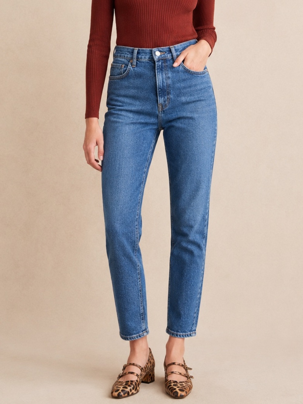 Sezane High-Rise Straight Jeans in Medium Blue Denim